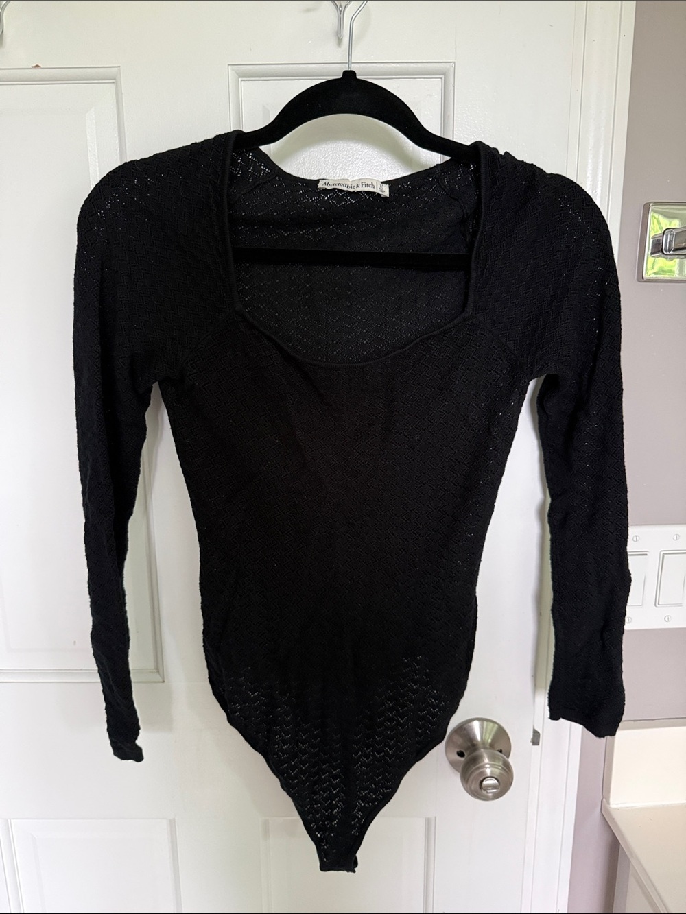Abercrombie Black Crochet Knit Long Sleeve Bodysuit Square Neck